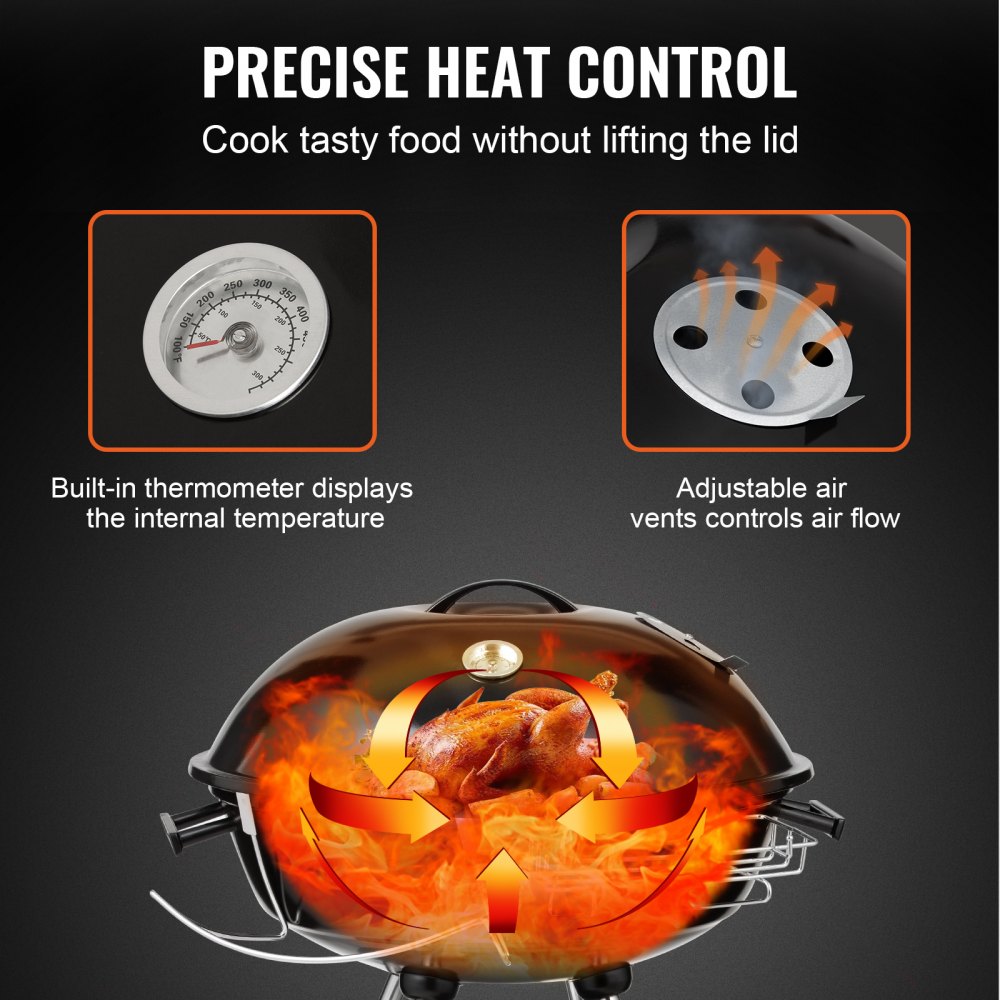 VEVOR Barbecue Sferico Kettle a Carbonella con Coperchio Portacenere da Campeggio Temeperatura Controllata Diametro 56cm, Kettle Sferico Barbecue a Carbone Rotondo 56cm a Treppiede con Raccogli Cenere