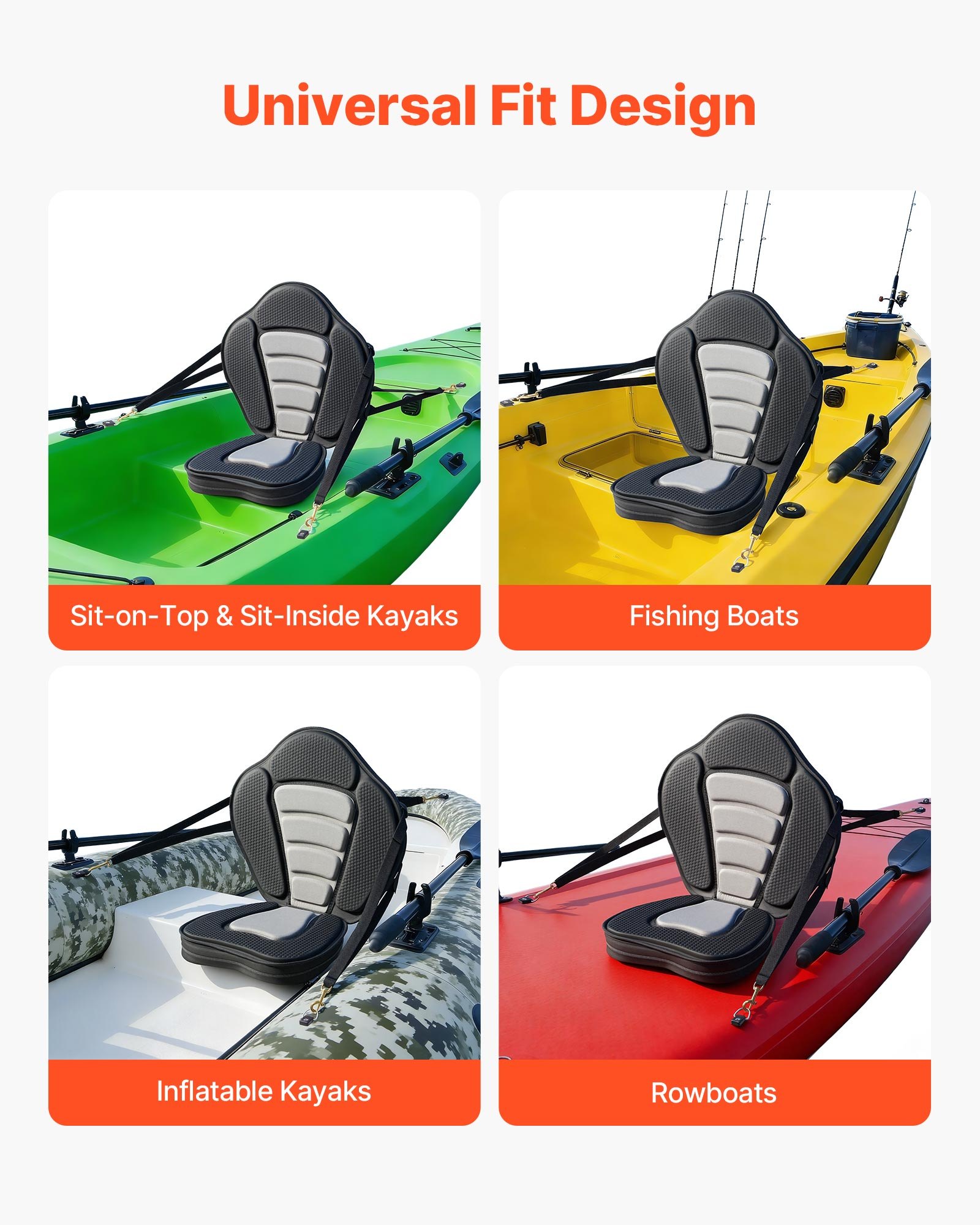 VEVOR Sedile per Kayak di Ricambio con Schienale Spessore Cuscino 65 mm, Sedile per Kayak Paddleboard Barche con Schienale Borsa Portaoggetti Cinghie Regolabili per SUP Canoa, 1 pezzo, Nero Grigio