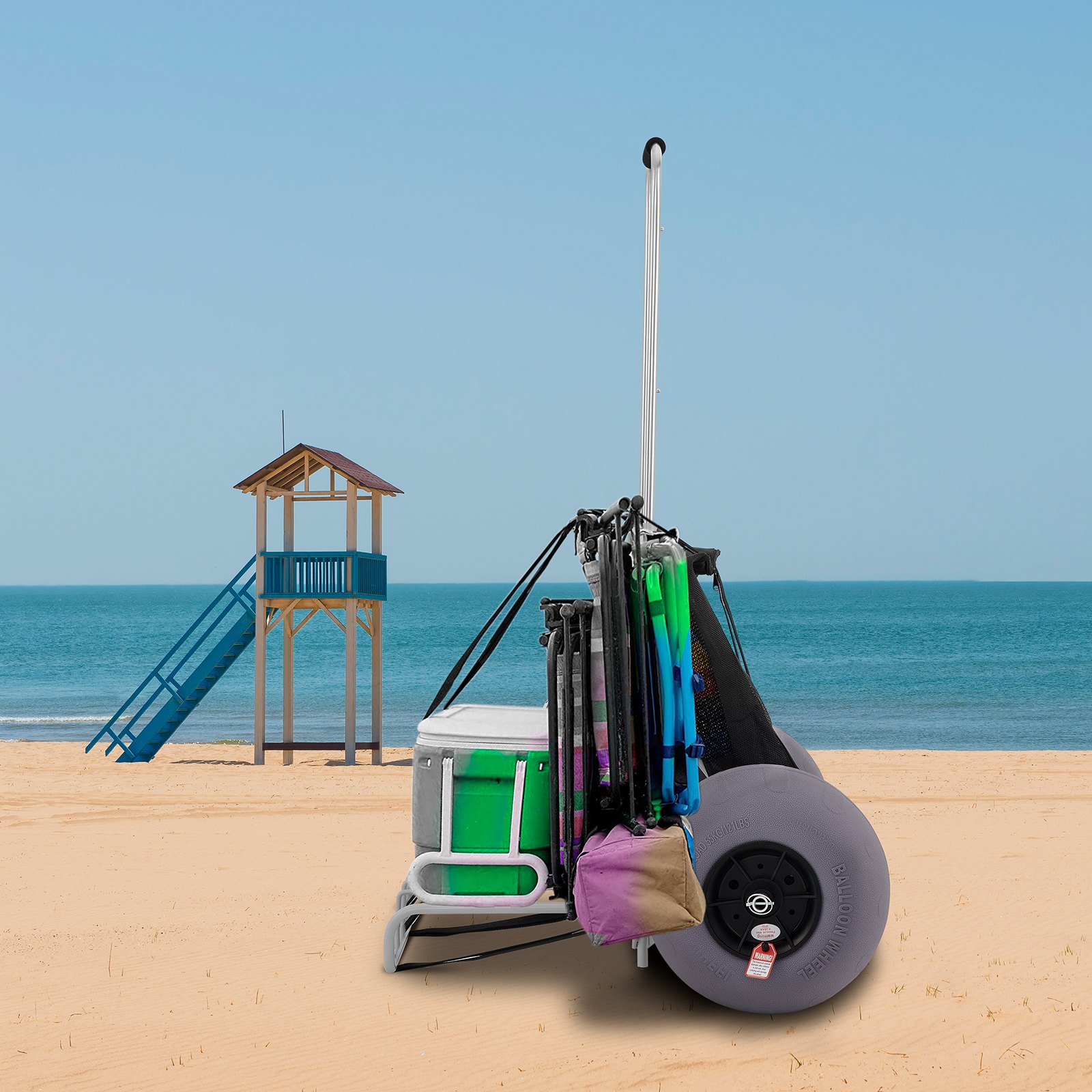 VEVOR Carrello da Spiaggia Pieghevole con Ponte 14 x 14,7 Pollici, Carrello a Mano Pieghevole con 2 Ruote Pneumatiche 13 Pollici, Carrellino Trasporto Portato Massimo 75 KG con Maniglia Telescopica