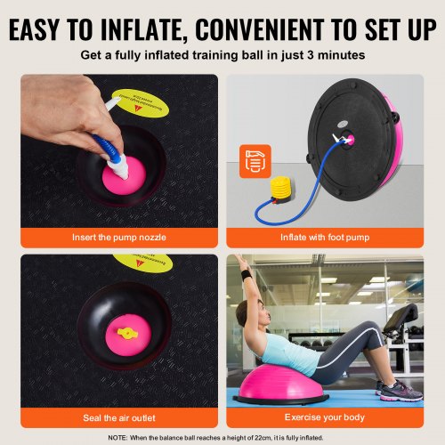 Mezza Palla Per Equilibrio Con Fasce Elastiche E Pompa - Attrezzo Fitness Per Stabilità E Pilates (Rosa)