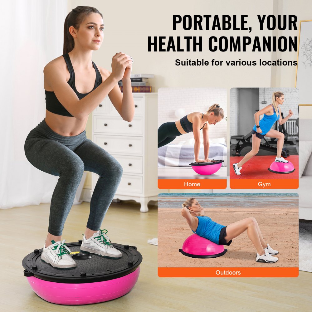 VEVOR Mezzo Allenatore Palla per Esercizi, Equilibrio, Stabilità Palla Yoga Fitness con Fasce di Resistenza e Pompa a Pedale, Allenamento Corpo di Palestra Casa, Capacità Portante 300 kg, Rosa 58 cm