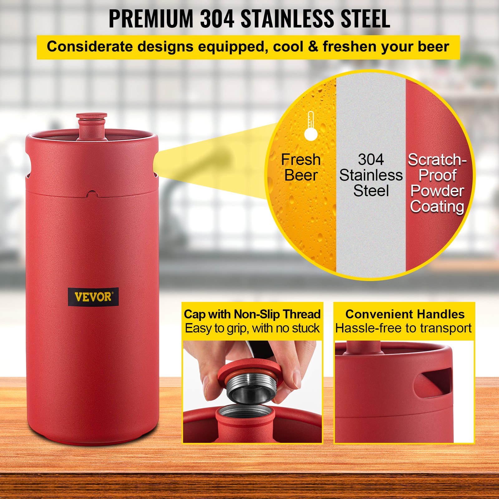 VEVOR Spillatore di Birra a Colonna da 4L in Rosso con Spina da Casa per Bevande Spillatore di Birra Artigianale in Acciaio Inox da 4L per Uso