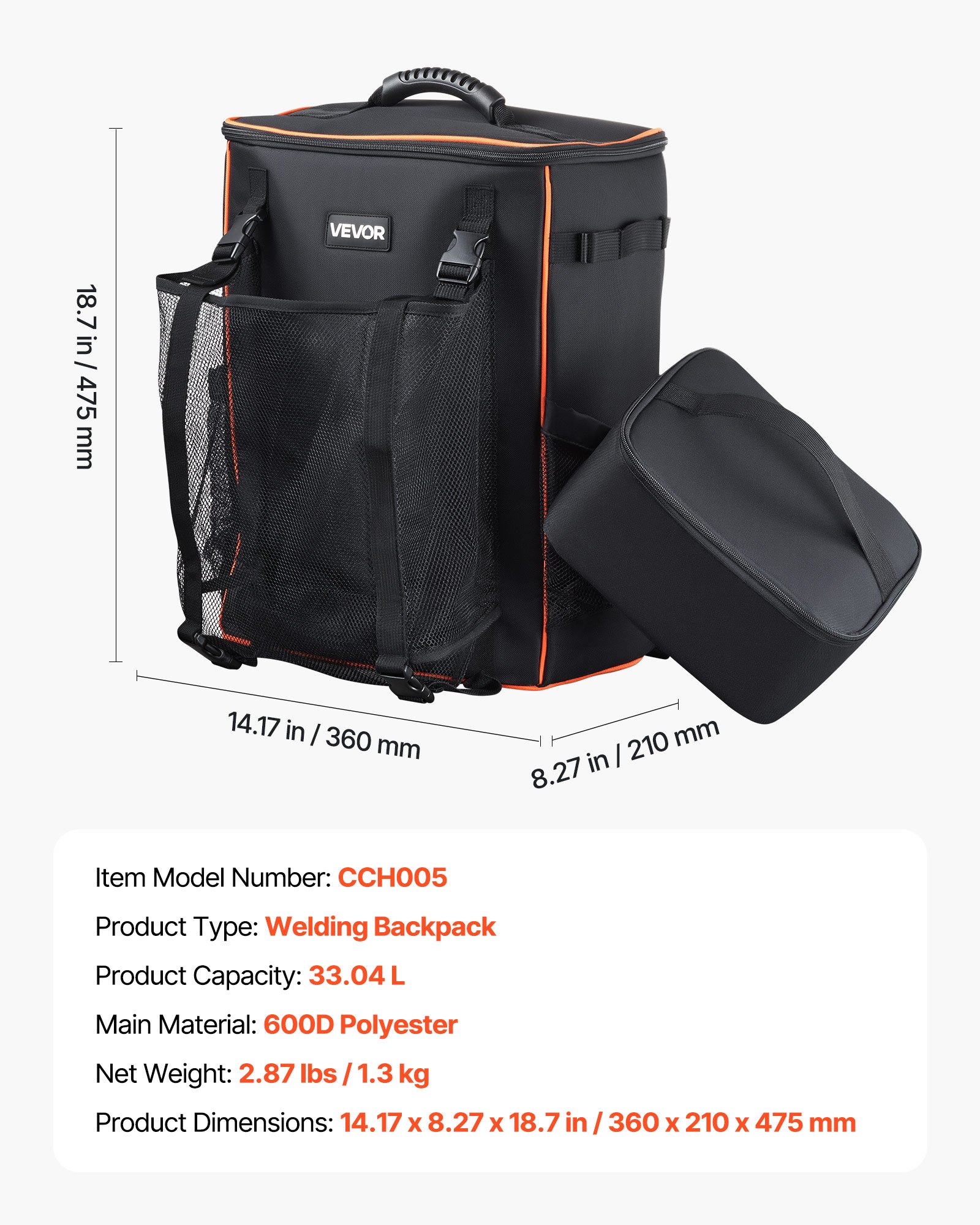 VEVOR Zaino per Saldatura, 33 L con Borsa Termica e Borsa per Casco, Zaino in Poliestere 600D per Attrezzi e Casco, Borsa Portaoggetti Multiuso per Campeggio all'Aperto, Escursionismo