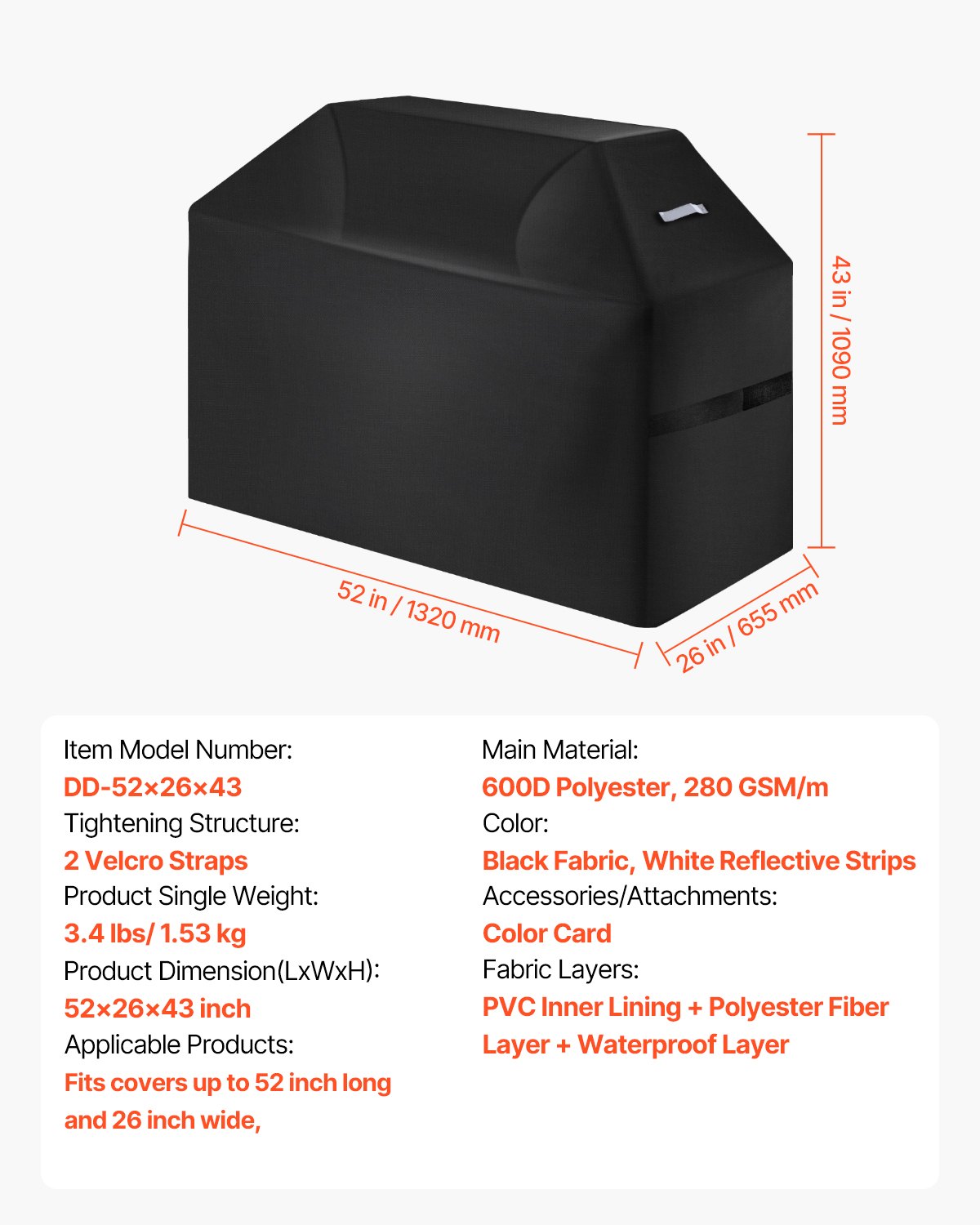 VEVOR Grill Cover, Protective Cover, Grill Hood, Tarpaulin (1321 mm) for Outdoor Grills, Waterproof & Weatherproof, Durable 600D Polyester, Easy to Put On and Take Off, with Velcro Straps