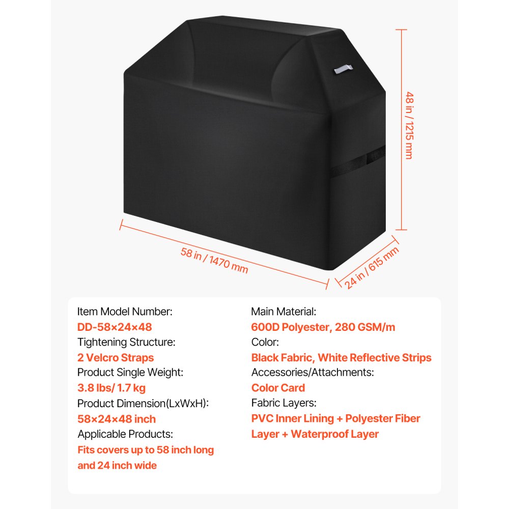 VEVOR Copertura per Barbecue all'Aperto, Impermeabile, Resistente allo Sbiadimento e alle Intemperie, Poliestere 600D Resistente, Facile da Indossare, con Cinghie a Strappo, 147,3 cm Nero