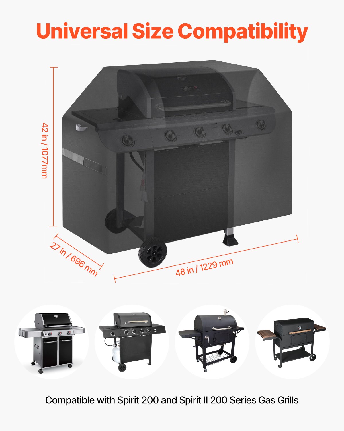 VEVOR Copertura per Barbecue all'Aperto, Impermeabile, Resistente allo Sbiadimento e alle Intemperie, Poliestere 600D Resistente, Facile da Indossare, con Cinghie a Strappo, 121,9 cm Nero