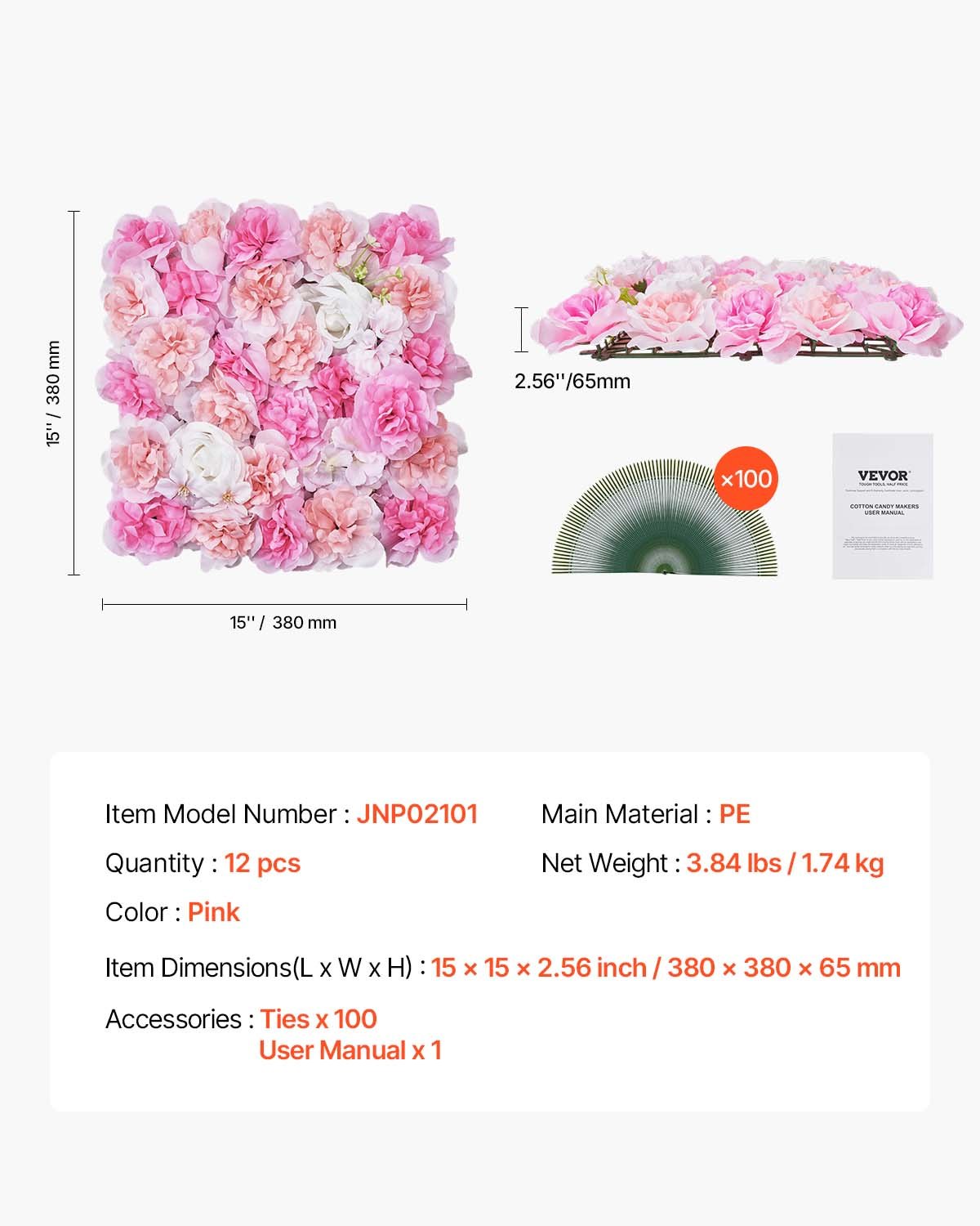 VEVOR Pannello da Parete con Fiori 3D 380 x 380 mm 12 Pezzi  Sfondo da Parete con Fiori Artificiali, Supporto in Rete, Design Senza Soluzione di Continuità, per Decorazioni per Matrimoni, Casa, Rosa