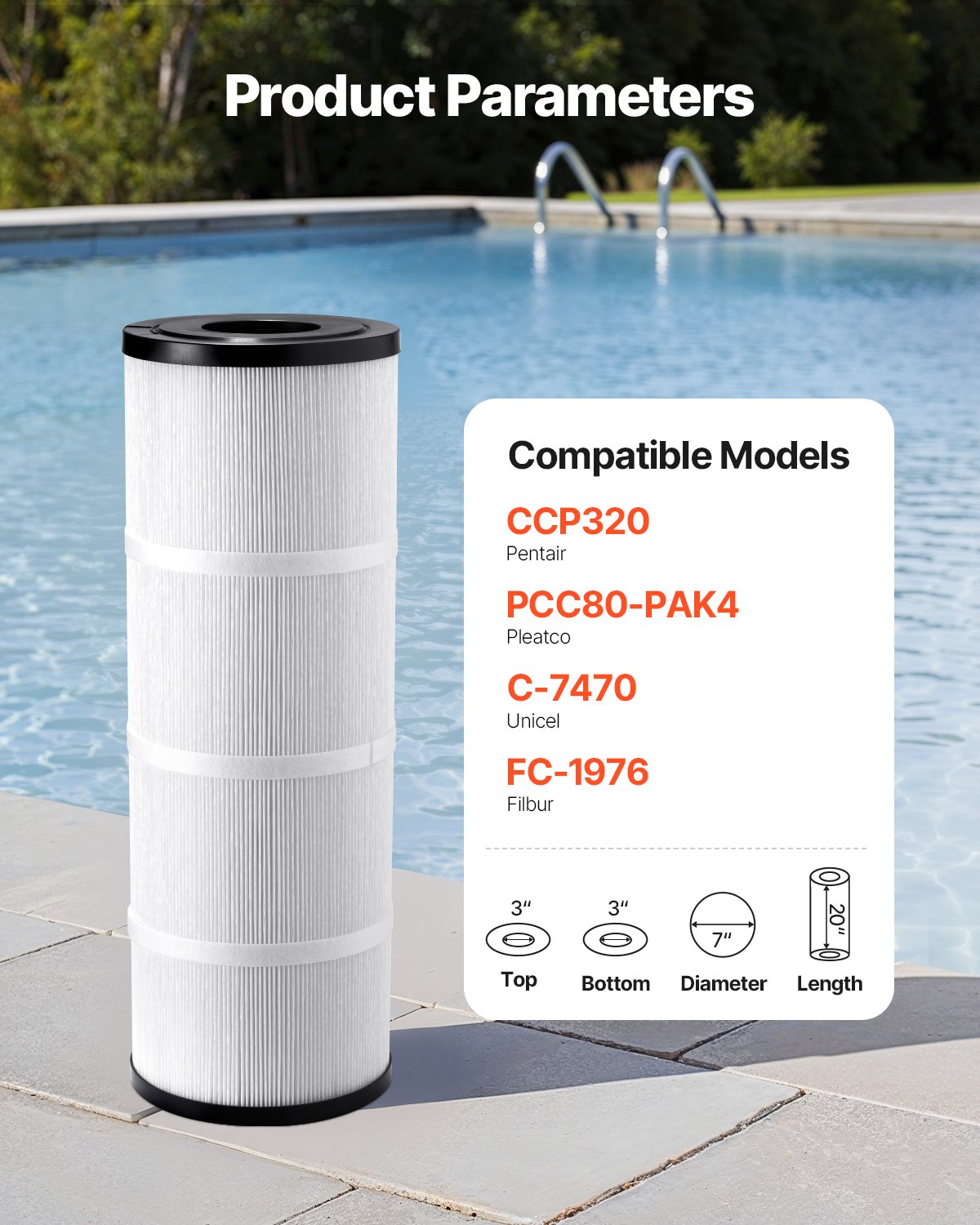 VEVOR Pool Filter Cartridge, 4-Pack, Water Filter 7.4 m², Replacement Filter, Compatible with CCP320, Pleatco PCC80-PAK4, Pool Filter Safe for Children and Pets, Easy to Clean