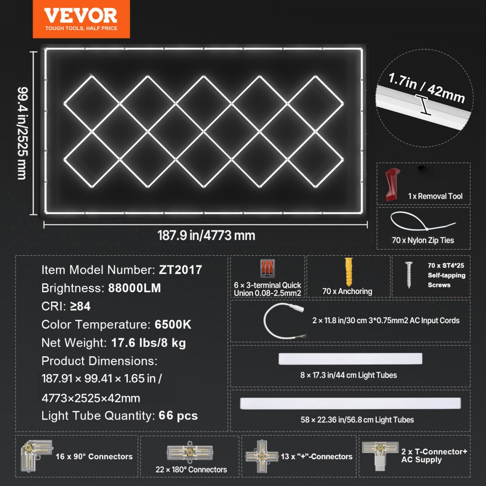 VEVOR Luci LED per Garage 14 Quadrati, Plafoniera da Officina Bianco Freddo 88000 lm 6500 K, Illuminazione da Garage Fai da Te Luminosa per Cantina, Magazzino, Garage, Salone di Bellezza per Auto