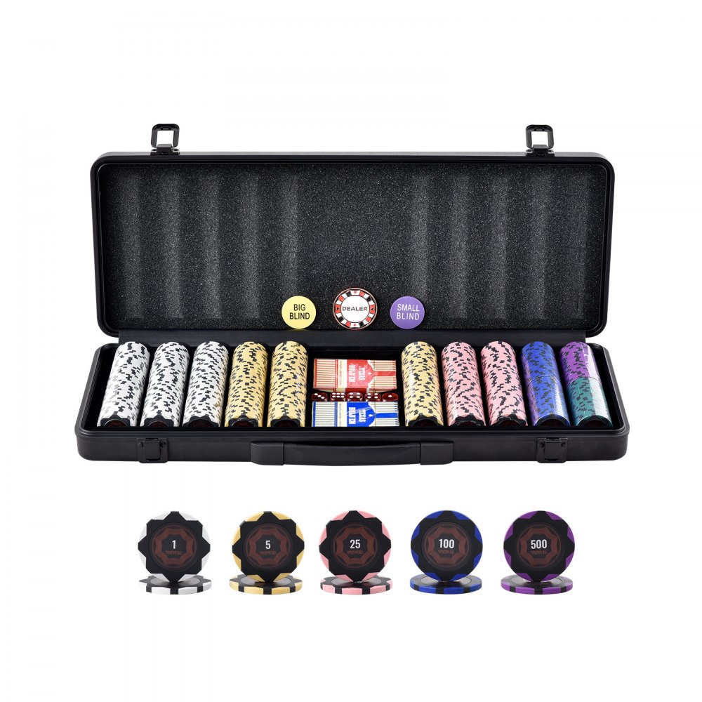 VEVOR Set di Fiches da Poker, Set Poker 500 Pezzi, Set Completo Fiches Carte da Giochi in Argilla con Valigetta in ABS, Fiches da Poker 9-10 Giocatori, Carte, Bottoni Dadi per Texas Hold'em, Blackjack