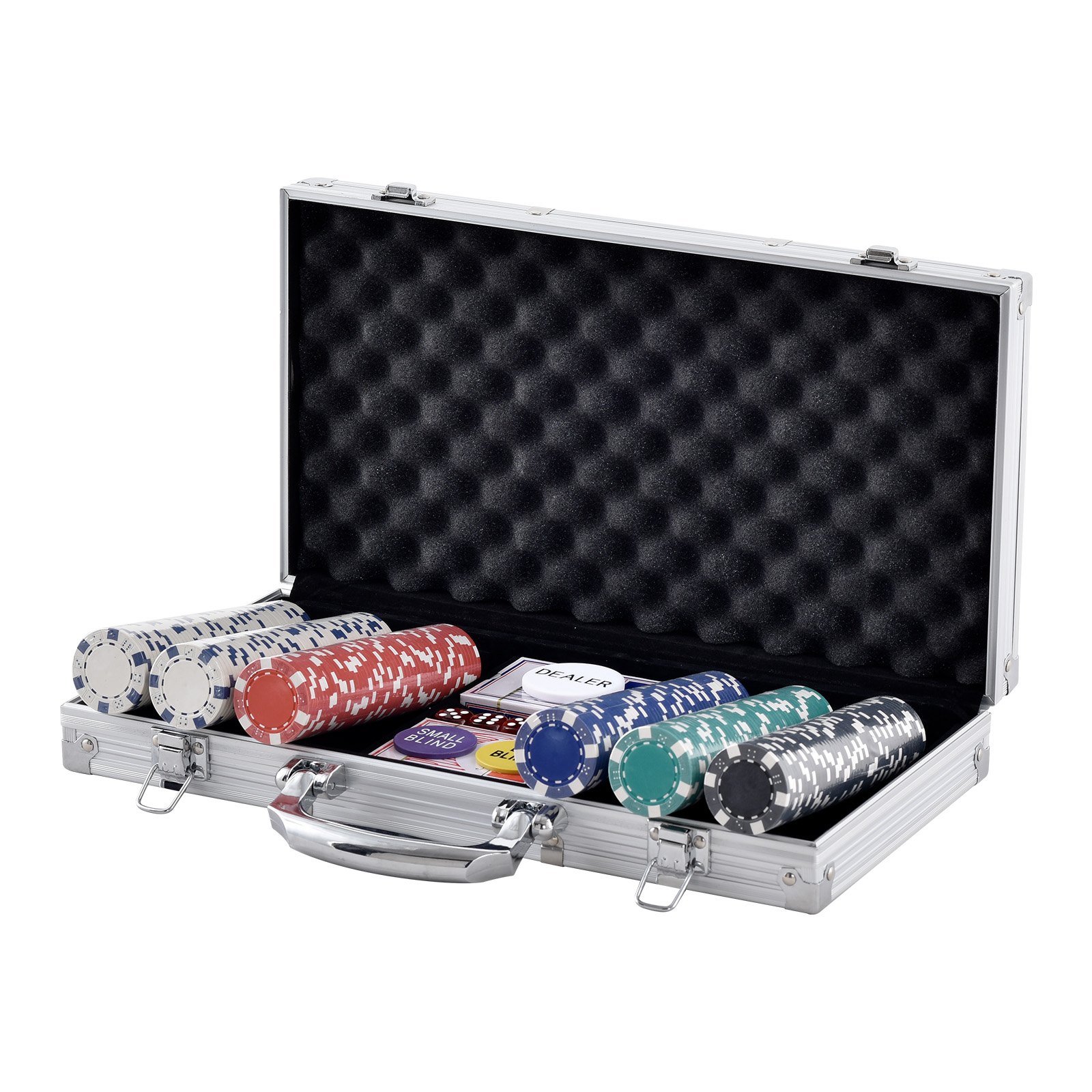 VEVOR Set di Fiches da Poker, Set Poker 300 Pezzi, Set di Completo Fiches Carte da Giochi con Valigetta in Alluminio, Fiches da Poker 7-8 Giocatori, Carte, Bottoni Dadi per Texas Hold'em, Blackjack