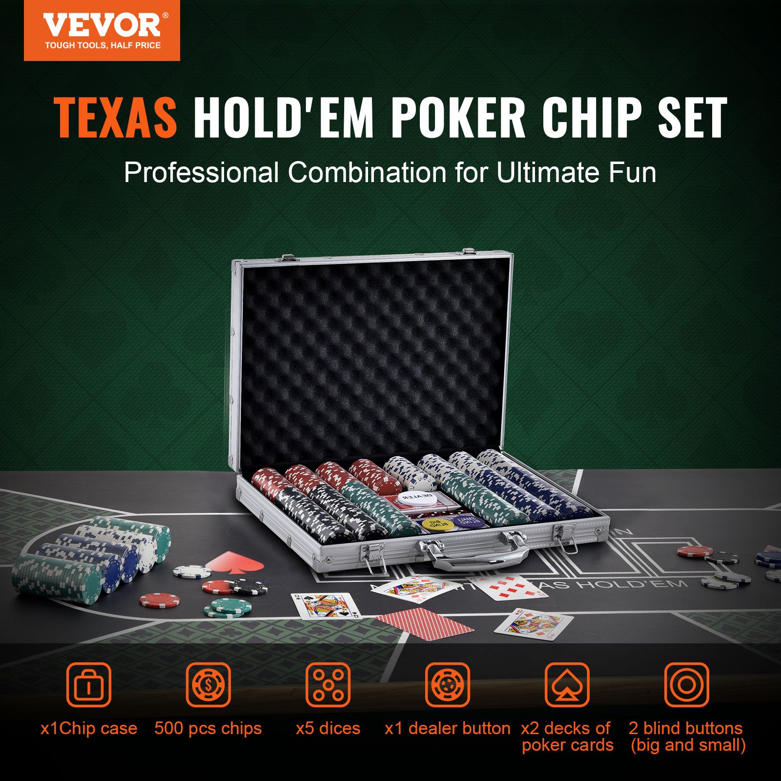 VEVOR Set di Fiches da Poker, Set Poker 500 Pezzi, Set Completo Fiches da Carte da Giochi con Valigetta in Alluminio, Fiches da Poker 9-10 Giocatori, Carte, Bottoni Dadi per Texas Hold'em, Blackjack