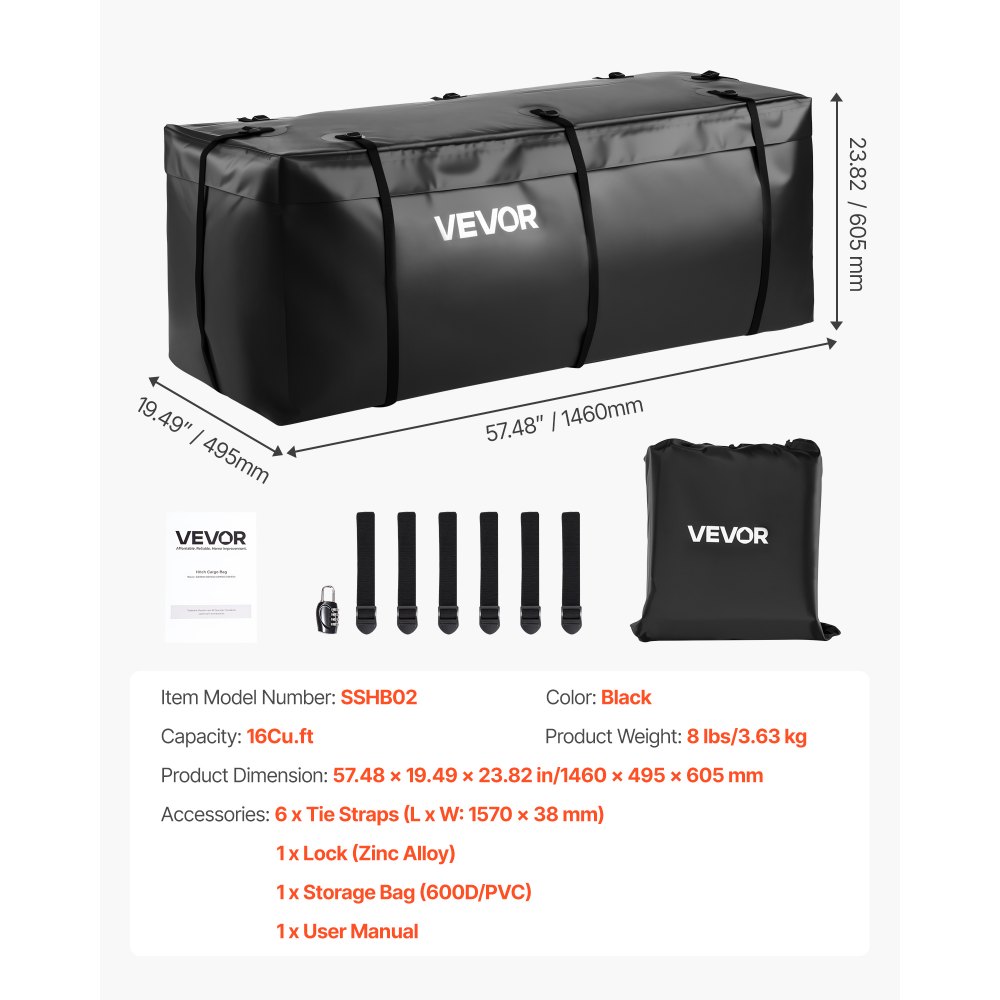 VVEVOR luggage carrier bag for trailer hitch made of waterproof 840D PVC (0.453 m³), luggage bag for storage on the loading area of trucks with reinforced straps for cars, SUVs and vans, black