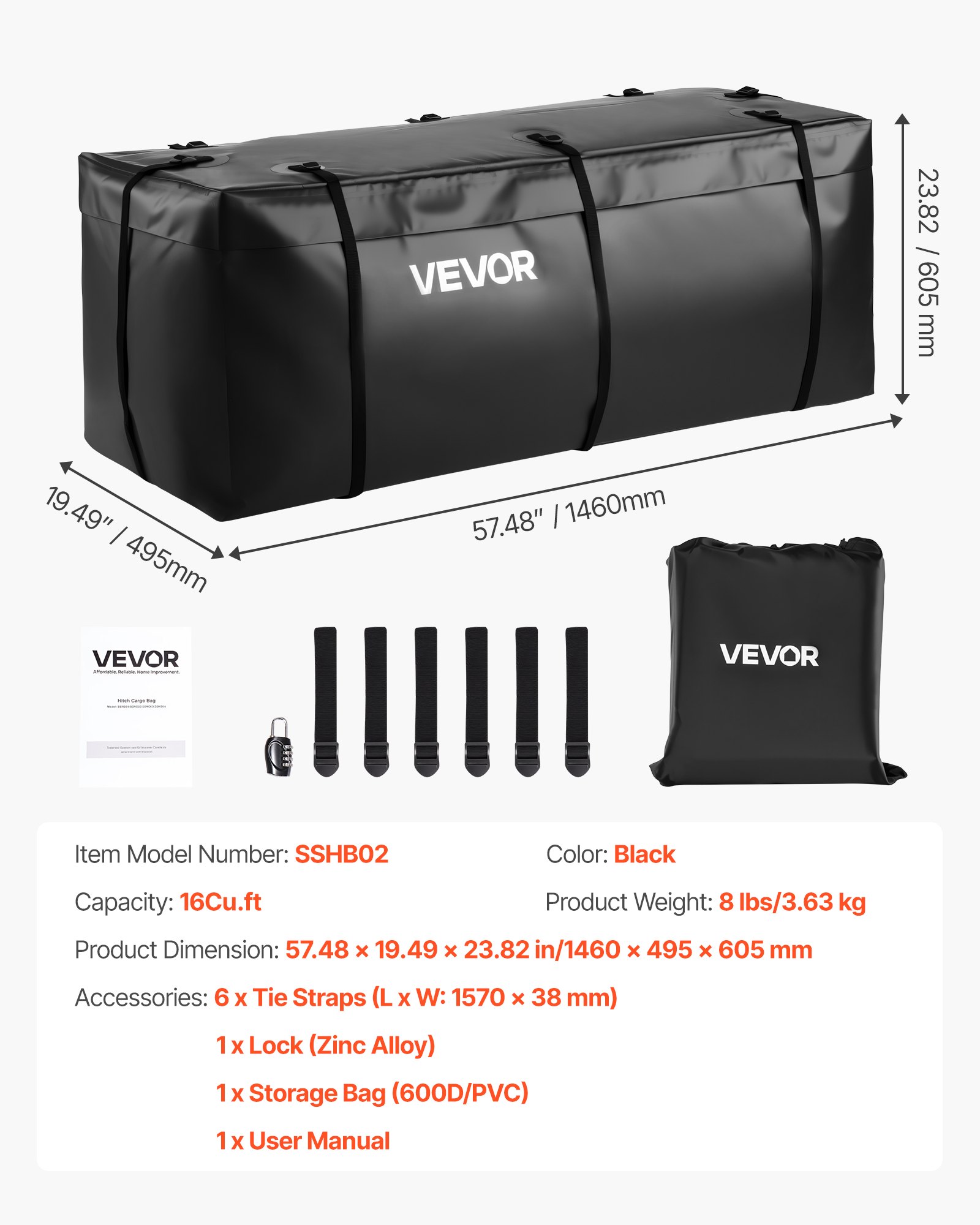 VVEVOR luggage carrier bag for trailer hitch made of waterproof 840D PVC (0.453 m³), luggage bag for storage on the loading area of trucks with reinforced straps for cars, SUVs and vans, black