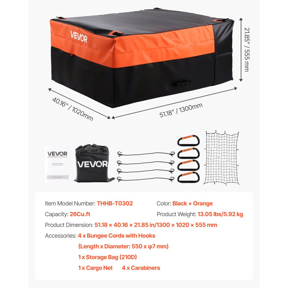 VEVOR luggage carrier bag, cargo bed bag made of waterproof 840D PVC (0.736 m³), luggage bag for storage on the loading area of trucks with cargo net for cars, SUVs, vans, black/orange