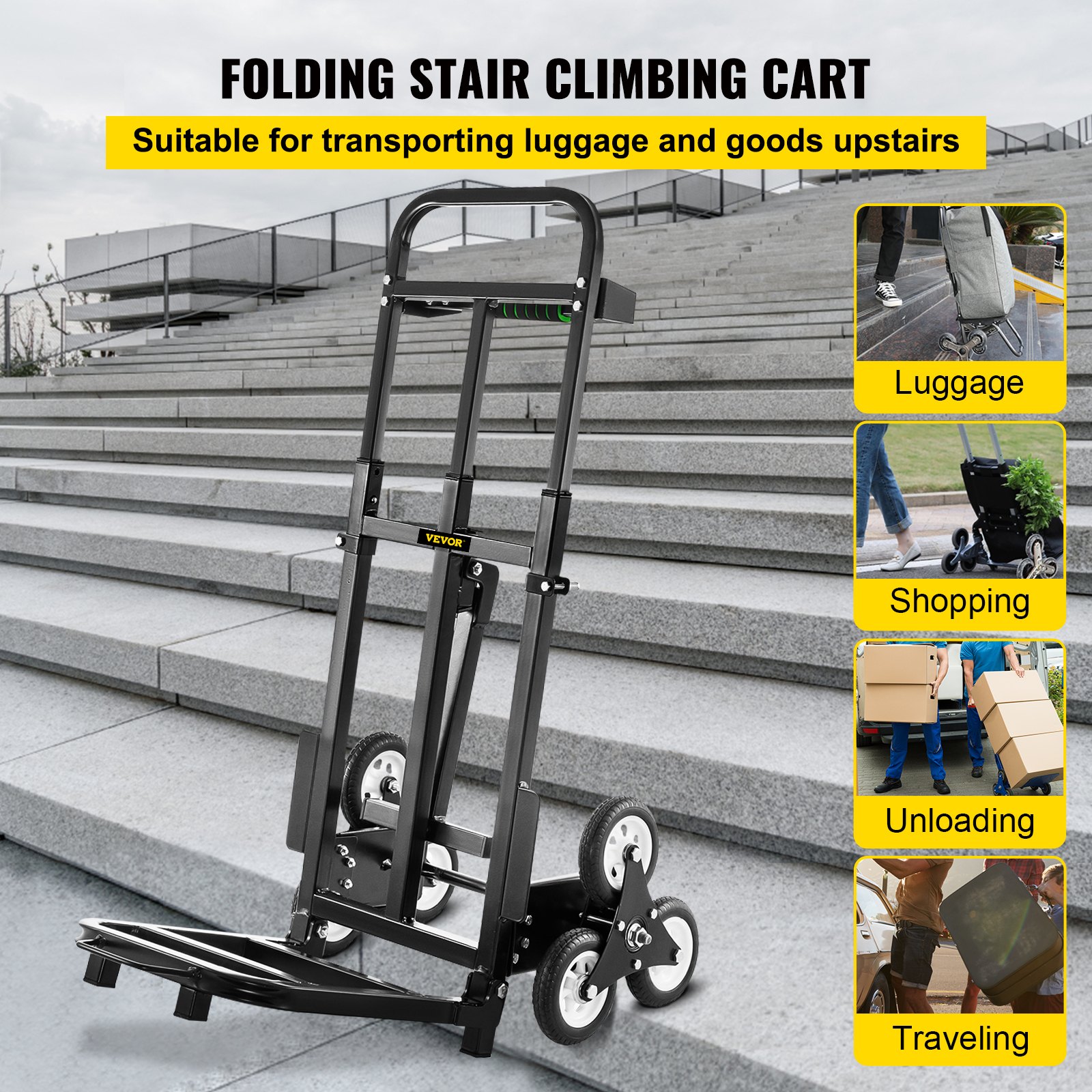 Carrello Pieghevole per Scale da 208KG Carrello Manuale con 6 Ruote in Nero