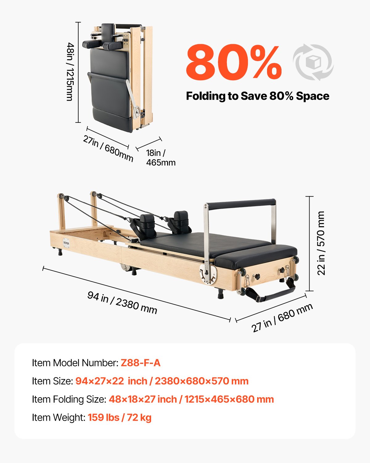 VEVOR Riformatore Pilates Pieghevole 2380 x 680 x 570 mm Macchina per Allenamento Pilates in Legno per Uso in Palestra Domestica, con Doppia Resistenza, Molle e Corda, Set Riformatore con Seduta