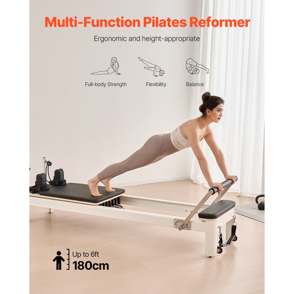 VEVOR Macchina per Riformatore per Pilates, Letto con Seduto Scatola, per Casa Palestra Utenti Avanzati e Principianti, Attrezzatura con Doppia Resistenza Molla e Corda 2450x710x930mm