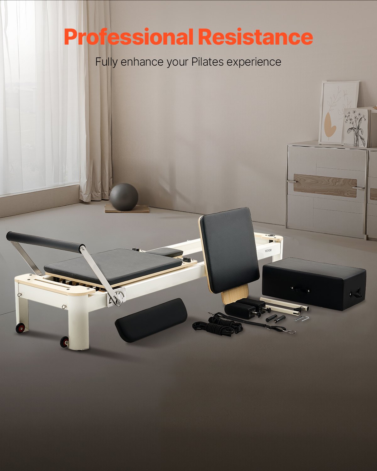 VEVOR Macchina per Riformatore per Pilates, Letto con Seduto Scatola, per Casa Palestra Utenti Avanzati e Principianti, Attrezzatura con Doppia Resistenza Molla e Corda 2450x710x930mm