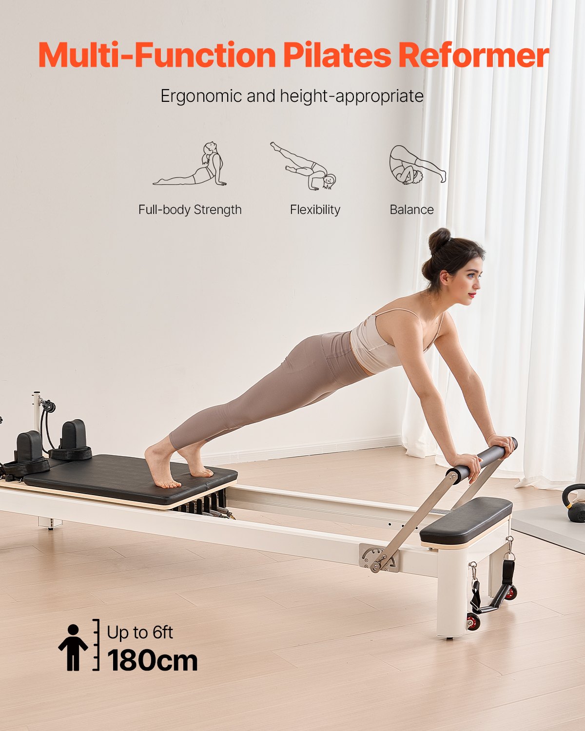 VEVOR Macchina per Riformatore per Pilates, Letto con Seduto Scatola, per Casa Palestra Utenti Avanzati e Principianti, Attrezzatura con Doppia Resistenza Molla e Corda 2450x710x930mm