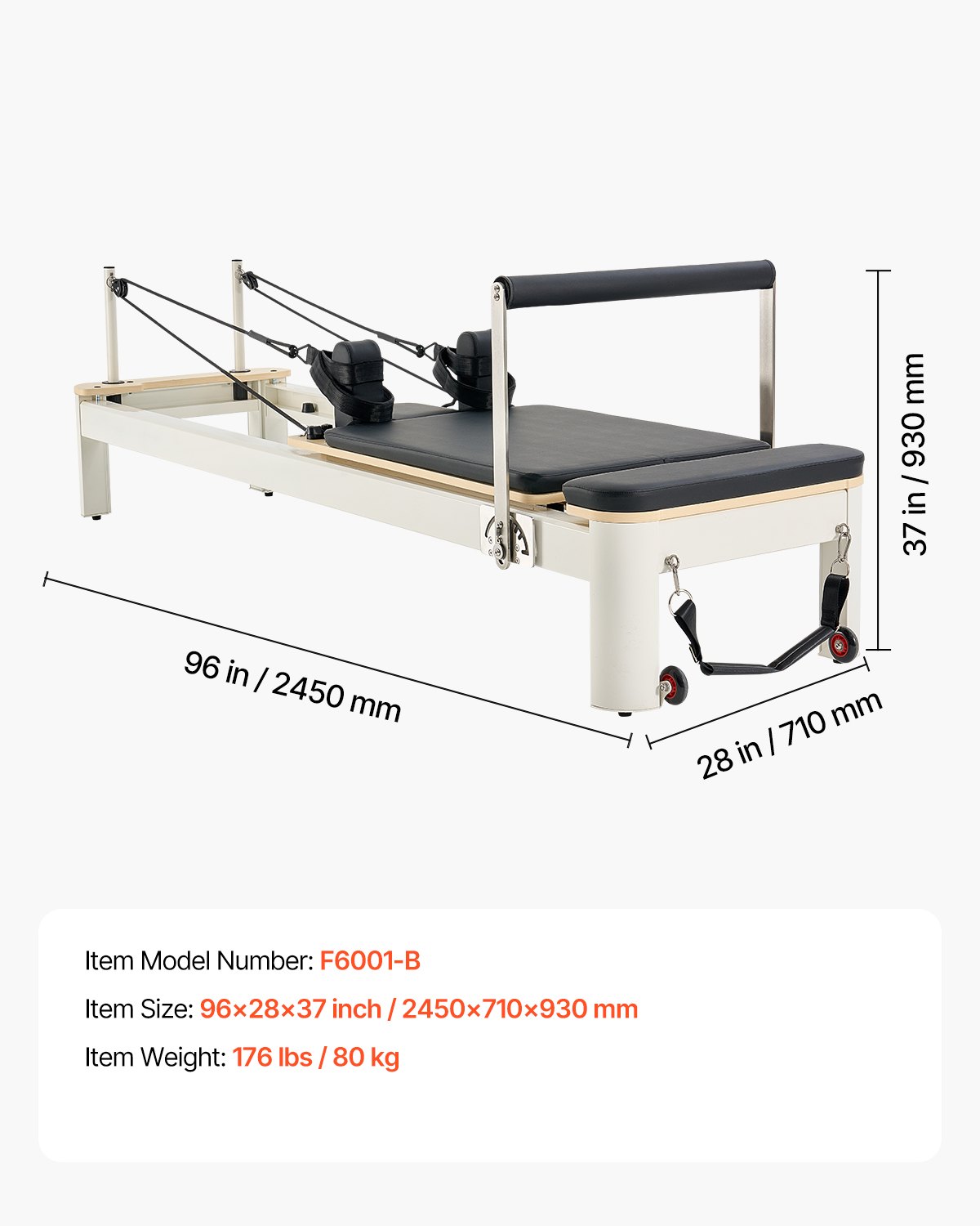 VEVOR Macchina per Riformatore per Pilates, Letto con Seduto Scatola, per Casa Palestra Utenti Avanzati e Principianti, Attrezzatura con Doppia Resistenza Molla e Corda 2450x710x930mm