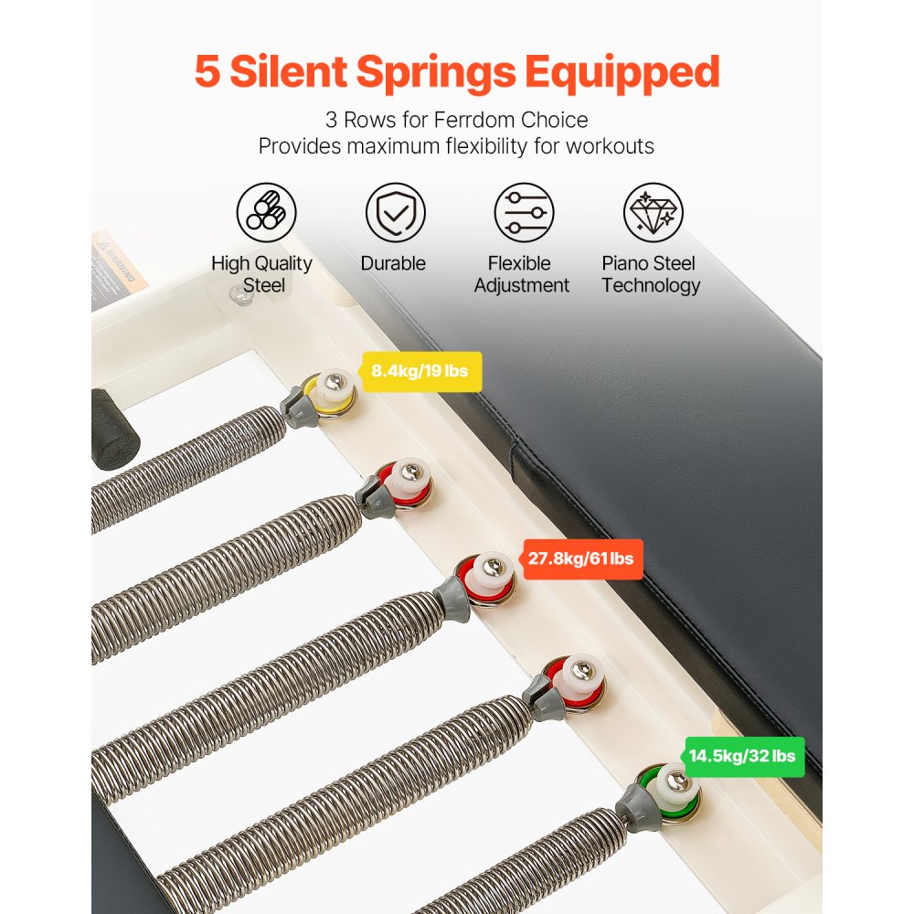 VEVOR Foldable Pilates Reformer Machine, Aluminum Pilates Bed with Seat Box & Dual Resistance – Spring & Cord, for Advanced & Beginner Users, Home Gym Equipment up to 181.44 kg