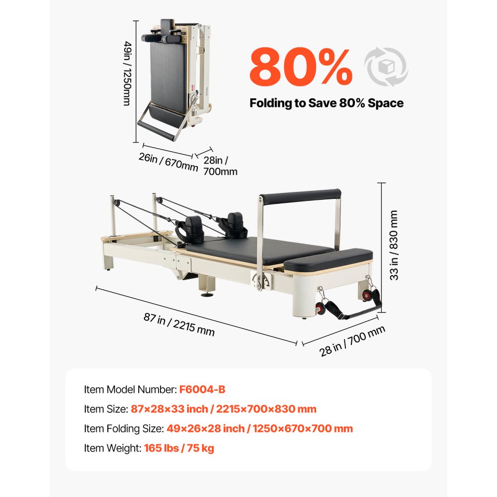 VEVOR Foldable Pilates Reformer Machine, Aluminum Pilates Bed with Seat Box & Dual Resistance – Spring & Cord, for Advanced & Beginner Users, Home Gym Equipment up to 181.44 kg