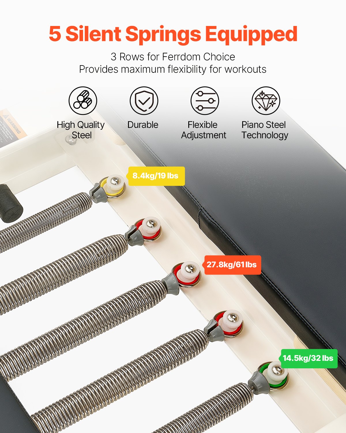 VEVOR Macchina Pieghevole per Riformatore per Pilates, Letto con Seduto Scatola, per Casa Palestra Utenti Avanzati Principianti con Doppia Resistenza Molla e Corda, 2215 x 700 x 830 mm