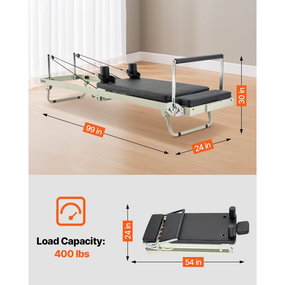 VEVOR Riformatore Pilates Pieghevole, Macchina per Allenamento Pilates per Palestra Casa, Letto Pilates con Doppia Resistenza Molla e Corda, per Utenti Avanzati Principianti, Fino a 181,4 kg