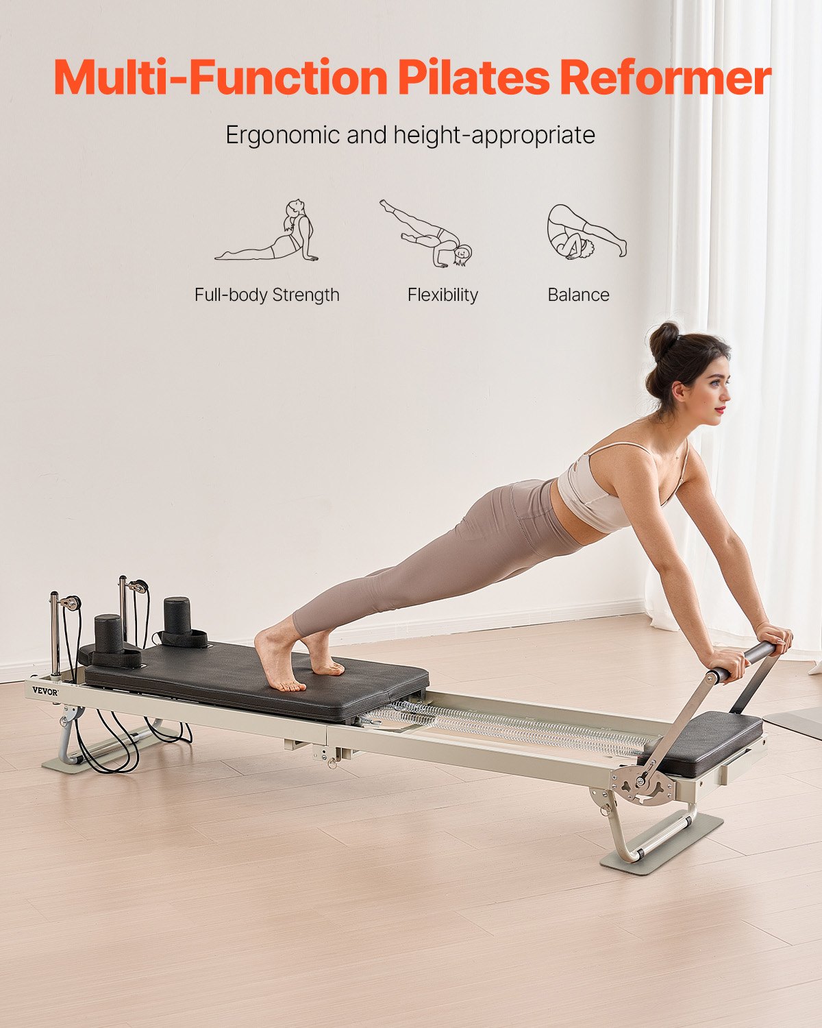 VEVOR Riformatore Pilates Pieghevole, Macchina per Allenamento Pilates per Palestra Casa, Letto Pilates con Doppia Resistenza Molla e Corda, per Utenti Avanzati Principianti, Fino a 181,4 kg