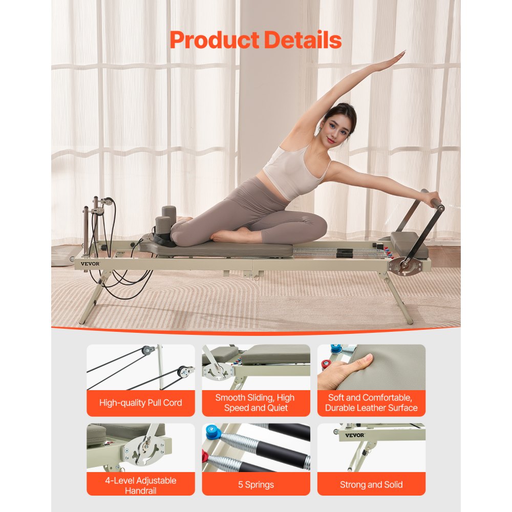 VEVOR Riformatore Pilates Pieghevole, Macchina per Allenamento Pilates per Palestra Casa, Letto Pilates con Doppia Resistenza Molla e Corda, per Utenti Avanzati Principianti, 2080x560x725 mm