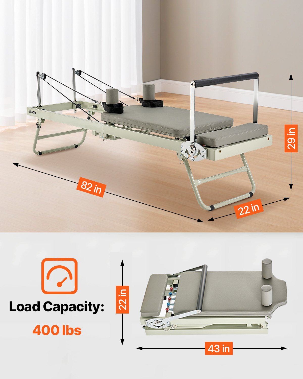 VEVOR Riformatore Pilates Pieghevole, Macchina per Allenamento Pilates per Palestra Casa, Letto Pilates con Doppia Resistenza Molla e Corda, per Utenti Avanzati Principianti, 2080x560x725 mm