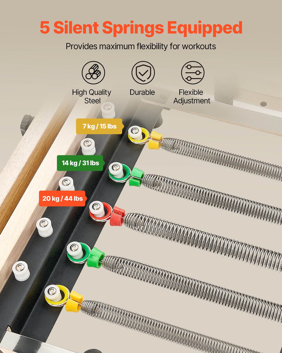 VEVOR Riformatore Pilates Pieghevole, Macchina per Allenamento in Legno per Palestra Domestica, Letto con Doppia Resistenza, Molle e Corda, Set Riformatore con Seduta, 2380x680x570 mm