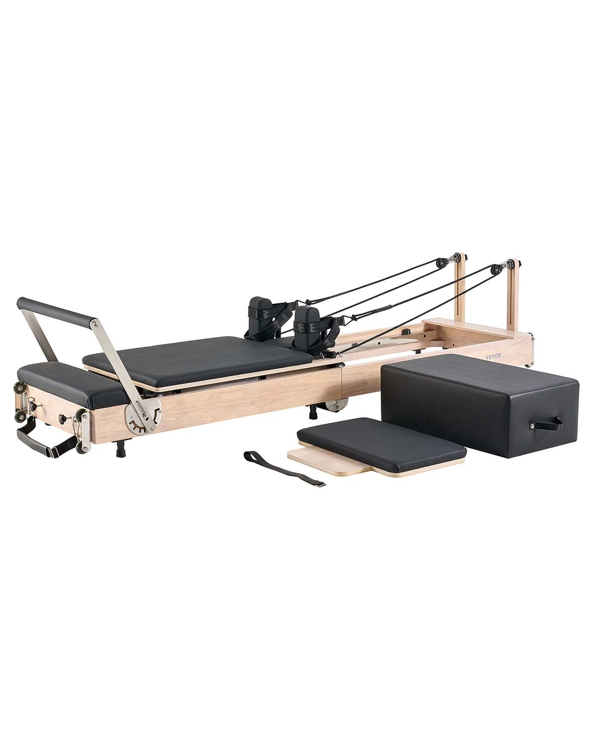 VEVOR Riformatore Pilates Pieghevole, Macchina per Allenamento in Legno per Palestra Domestica, Letto con Doppia Resistenza, Molle e Corda, Set Riformatore con Seduta, 2380x680x570 mm