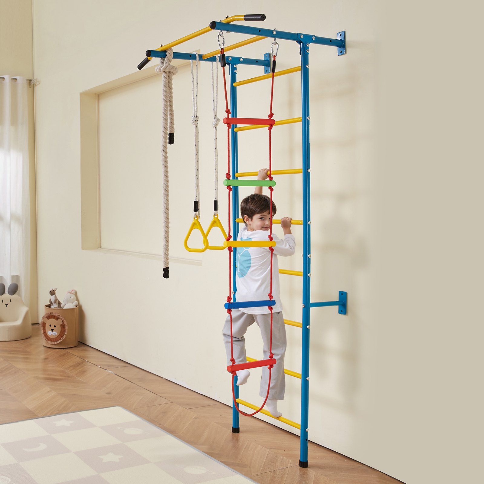 VEVOR Spalliera Struttura per Arrampicata su Parete da Ginnastica per Bambini con Scala Svedese in Acciaio al Carbonio, Barra per Trazioni e Scala in Corda e Anelli, Portata 100 kg, Multicolore