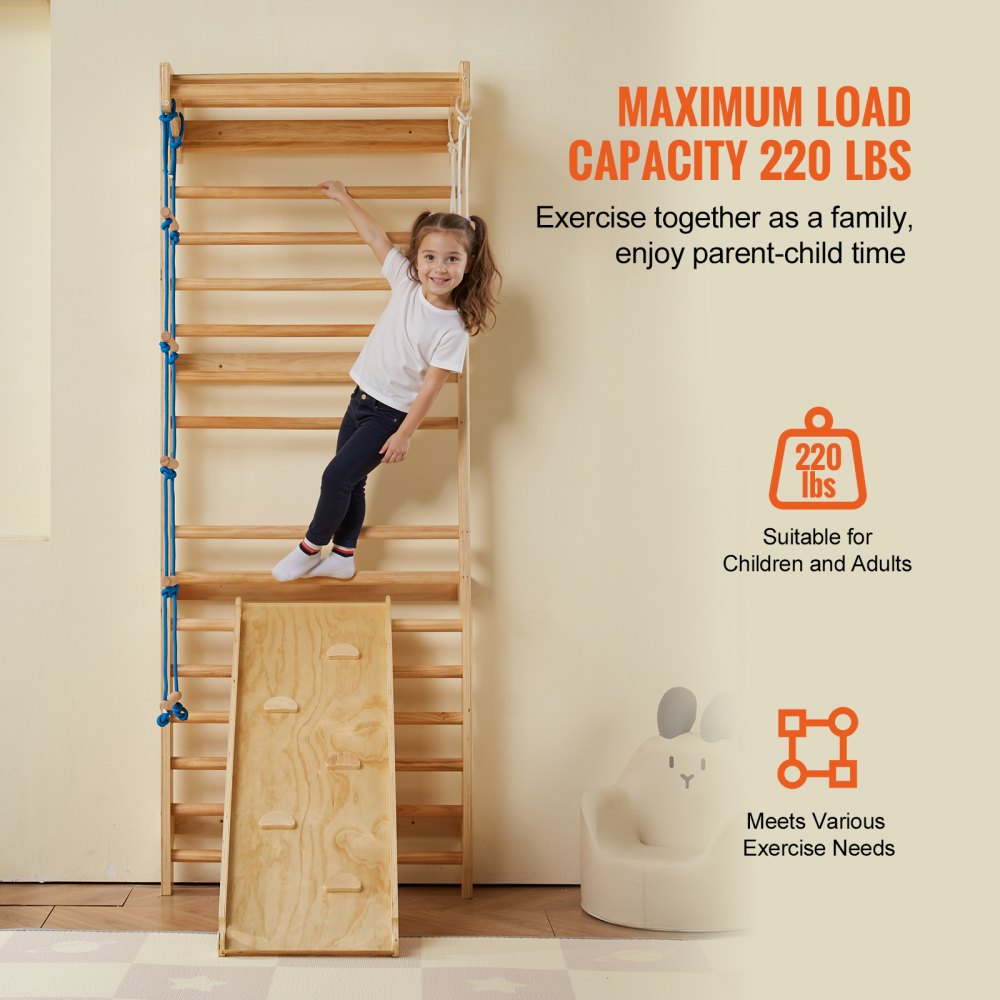 VEVOR Swedish Ladder Wall, 15-Step Wooden Climbing Toy for Indoor Playgrounds, 100 kg Load Capacity, Swedish Wall Ladder for Children & Adults, Pine Wood Climbing Wall