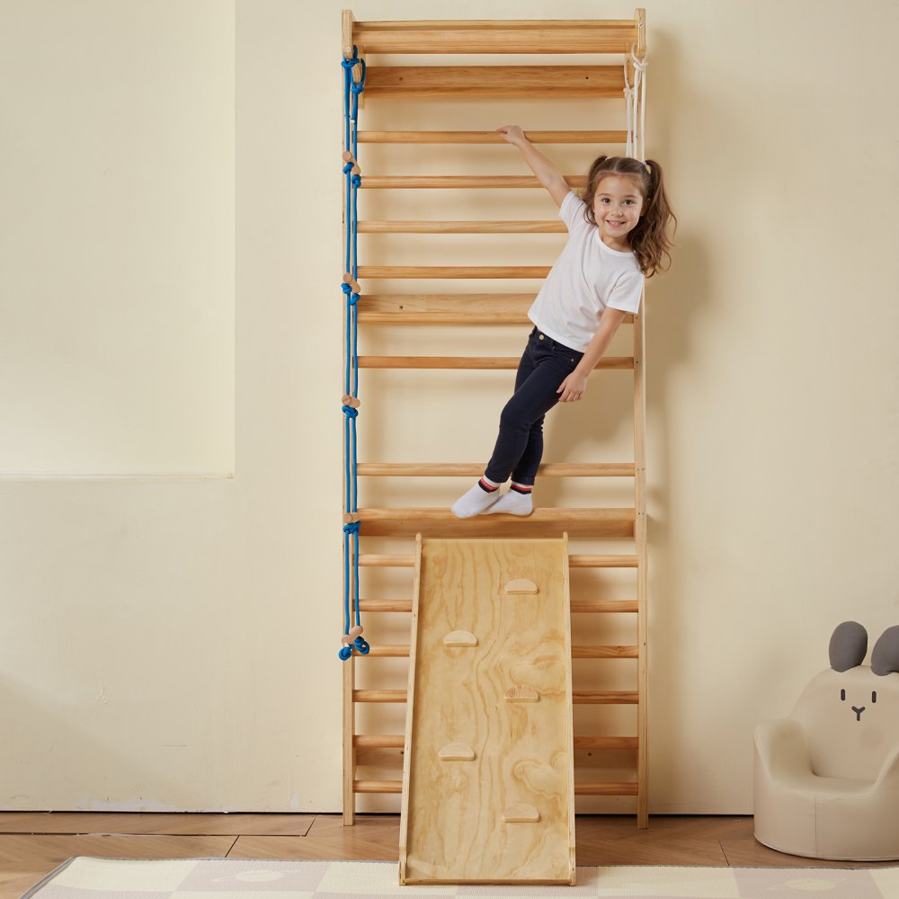 VEVOR Swedish Ladder Wall, 15-Step Wooden Climbing Toy for Indoor Playgrounds, 100 kg Load Capacity, Swedish Wall Ladder for Children & Adults, Pine Wood Climbing Wall