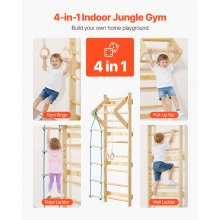 VEVOR Palestra da Parete con Scala Svedese, Palestra da Giungla a 8 Livelli, Sbarre in Legno Massello con Carico di 220 LB, Set da Arrampicata con Anelli, Barra per Trazioni, Scala da Parete