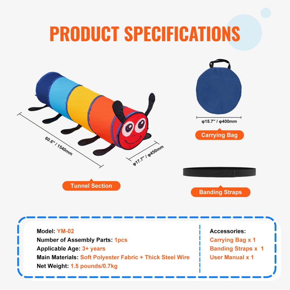 VEVOR Play Tunnel Tent for Toddlers 1540x1385x460mm Colorful Pop-Up Caterpillar Crawl Tunnel, Foldable Gift for Boys and Girls, Crawl Tunnel for Indoor and Outdoor Use, Multicolor