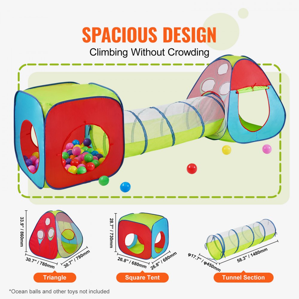 VEVOR Tenda da Gioco per Bambini 3 in 1 con Tunnel Neonati Bambini, Casetta da Gioco Pop Up per Interni/Esterni con Borsa per il Trasporto e Cinghie, Multicolore Rosso/Giallo/Blu