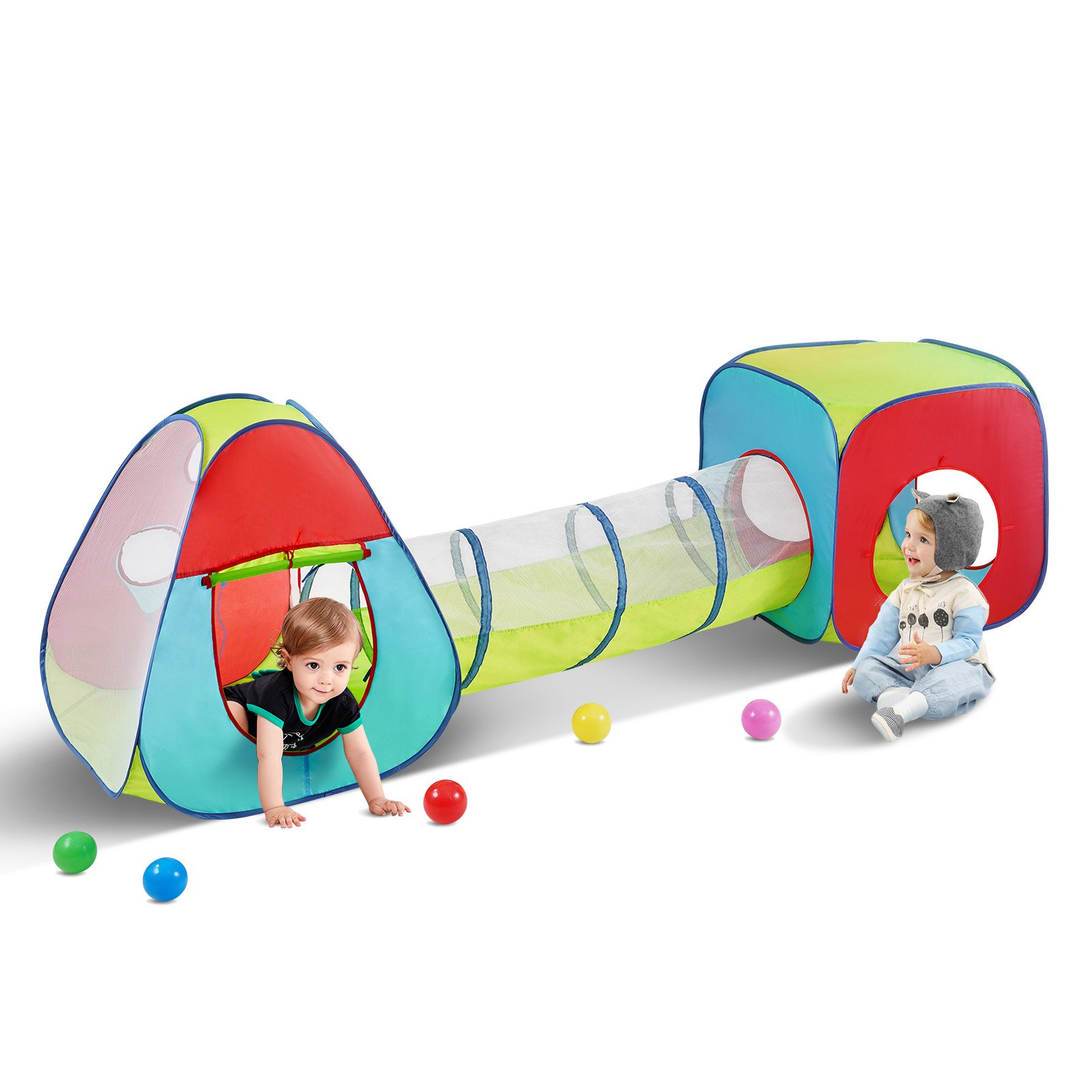 VEVOR Tenda da Gioco per Bambini 3 in 1 con Tunnel Neonati Bambini, Casetta da Gioco Pop Up per Interni/Esterni con Borsa per il Trasporto e Cinghie, Multicolore Rosso/Giallo/Blu