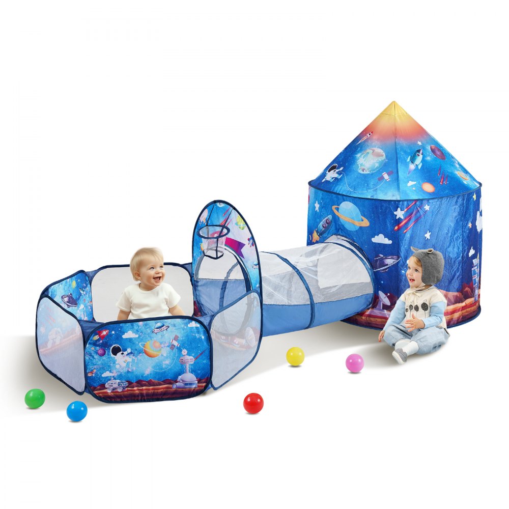 bambini che si divertono nella tenda da gioco VEVOR con tunnel e palline colorate su sfondo bianco.