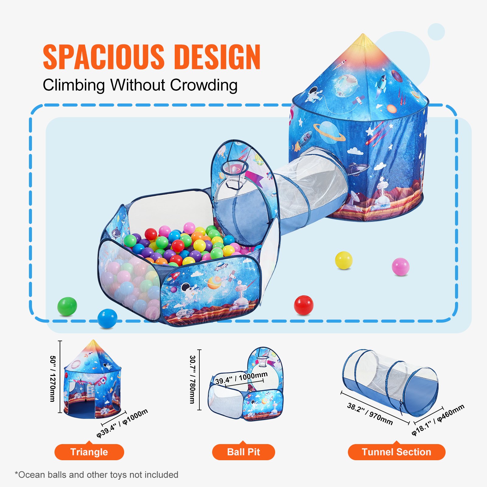 VEVOR Tenda da Gioco per Bambini 3 in 1 con Tunnel Neonati Bambini, Interni/Esterni con Borsa per il Trasporto e Cinghie Regali di Compleanno, Tema Razzo di Colore Blu Reale