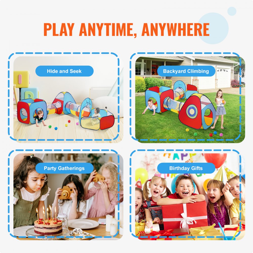 VEVOR Tenda da Gioco per Bambini con Tunnel, Casetta da Gioco Pop Up per Interni/Esterni con Borsa per il Trasporto e Cinghie Regali di Compleanno, Rosso/Giallo/Blu