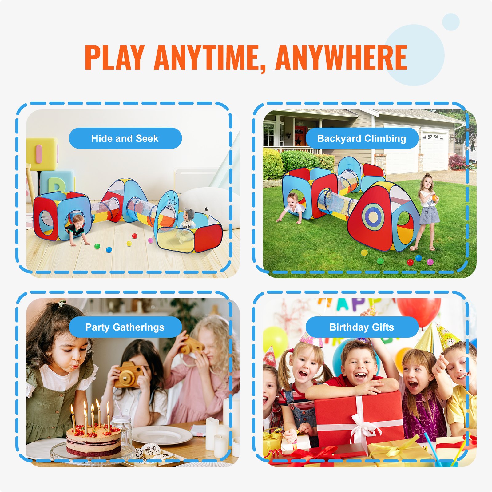 VEVOR Tenda da Gioco per Bambini con Tunnel, Casetta da Gioco Pop Up per Interni/Esterni con Borsa per il Trasporto e Cinghie Regali di Compleanno, Rosso/Giallo/Blu