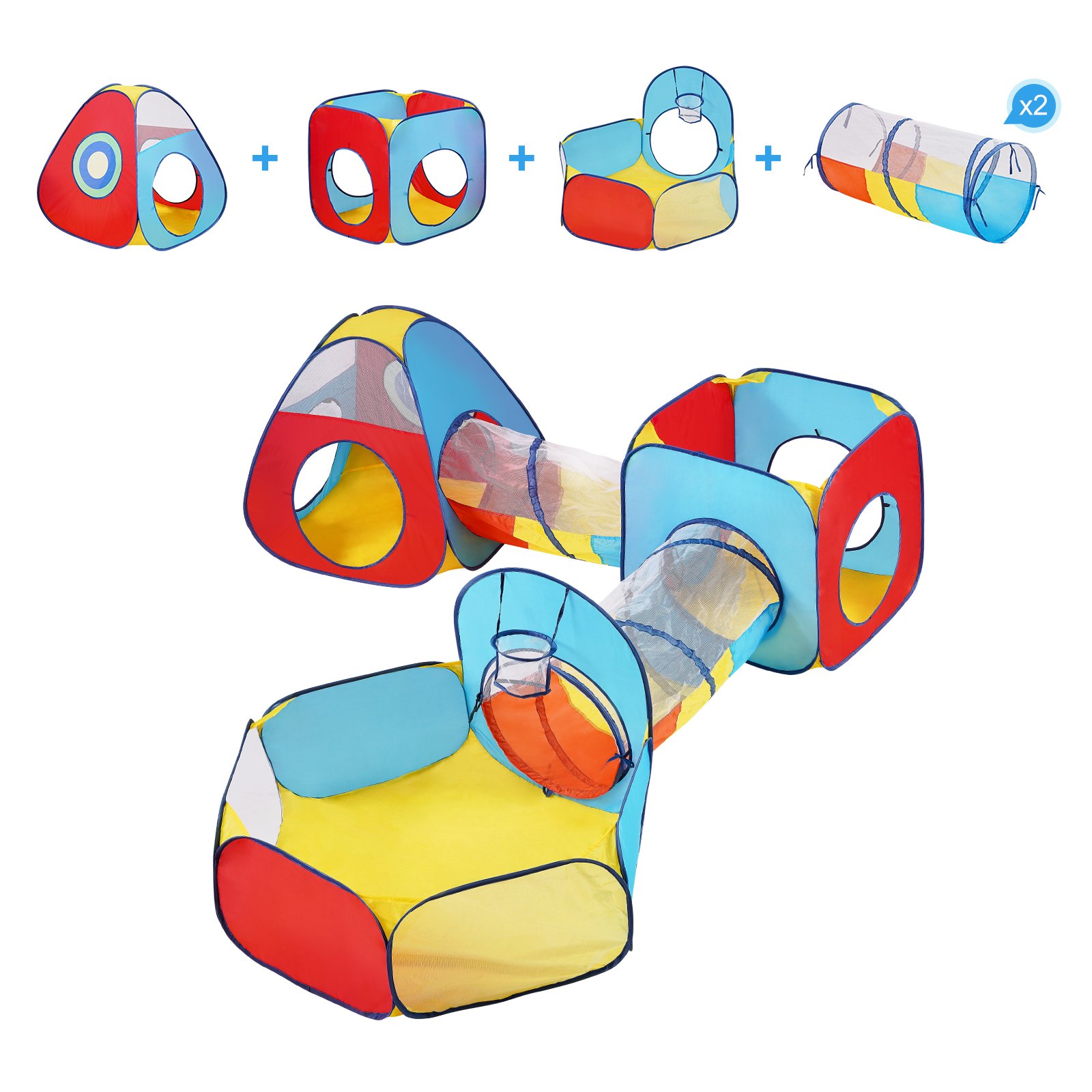 VEVOR Tenda da Gioco per Bambini con Tunnel, Casetta da Gioco Pop Up per Interni/Esterni con Borsa per il Trasporto e Cinghie Regali di Compleanno, Rosso/Giallo/Blu