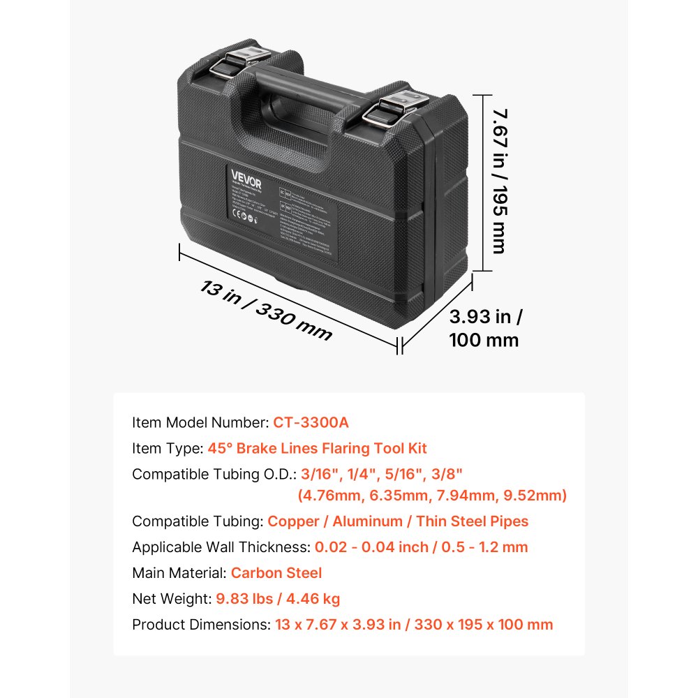 VEVOR Kit di Strumenti per Svasatura Tubi Freno, Kit Professionale di Strumenti per Svasatura Doppia a 45° per Tubi Sottili in Acciaio, Rame e Alluminio da 4,76 mm, 6,35 mm, 7,94 mm, 9,52 mm, Multiuso