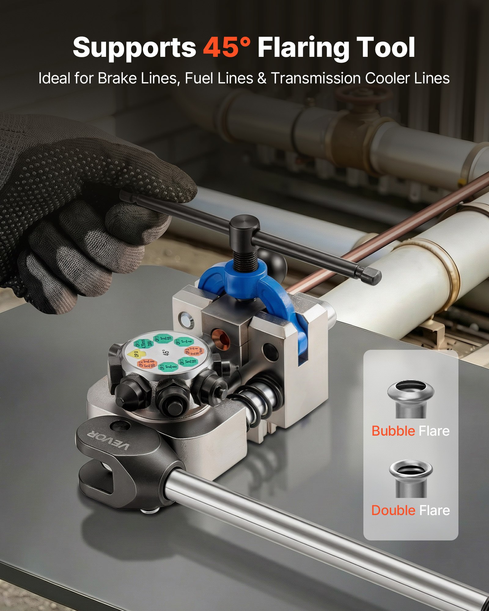 VEVOR Kit di Strumenti per Svasatura Tubi Freno, Kit Professionale di Strumenti per Svasatura Doppia a 45° per Tubi Sottili in Acciaio, Rame e Alluminio da 4,76 mm, 6,35 mm, 7,94 mm, 9,52 mm, Multiuso