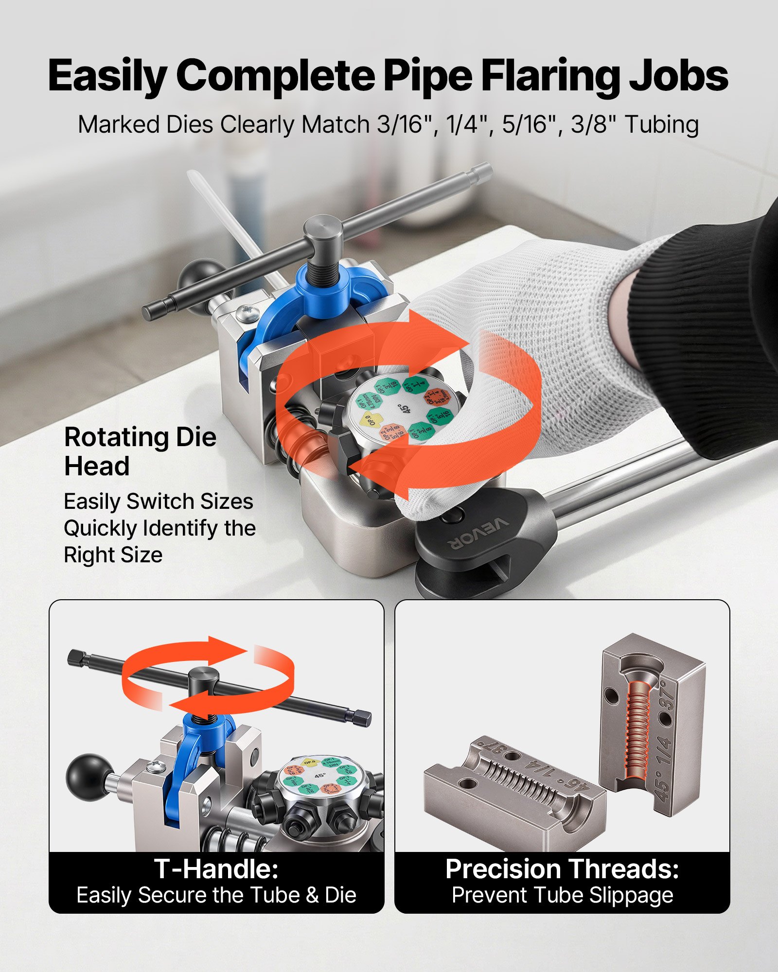 VEVOR Kit di Strumenti per Svasatura Tubi Freno, Kit Professionale di Strumenti per Svasatura Doppia a 45° per Tubi Sottili in Acciaio, Rame e Alluminio da 4,76 mm, 6,35 mm, 7,94 mm, 9,52 mm, Multiuso