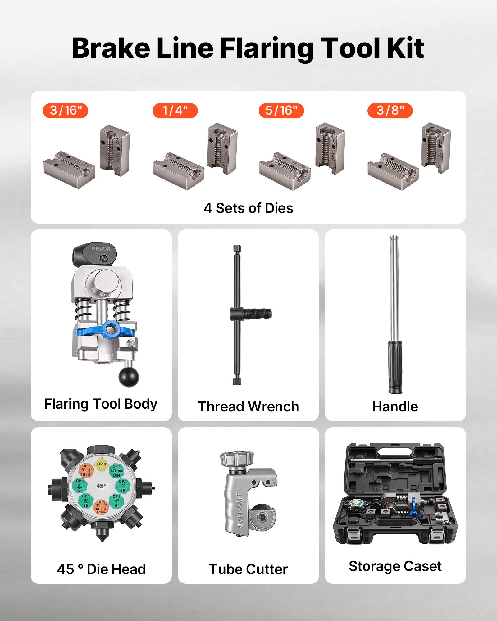 VEVOR Kit di Strumenti per Svasatura Tubi Freno, Kit Professionale di Strumenti per Svasatura Doppia a 45° per Tubi Sottili in Acciaio, Rame e Alluminio da 4,76 mm, 6,35 mm, 7,94 mm, 9,52 mm, Multiuso